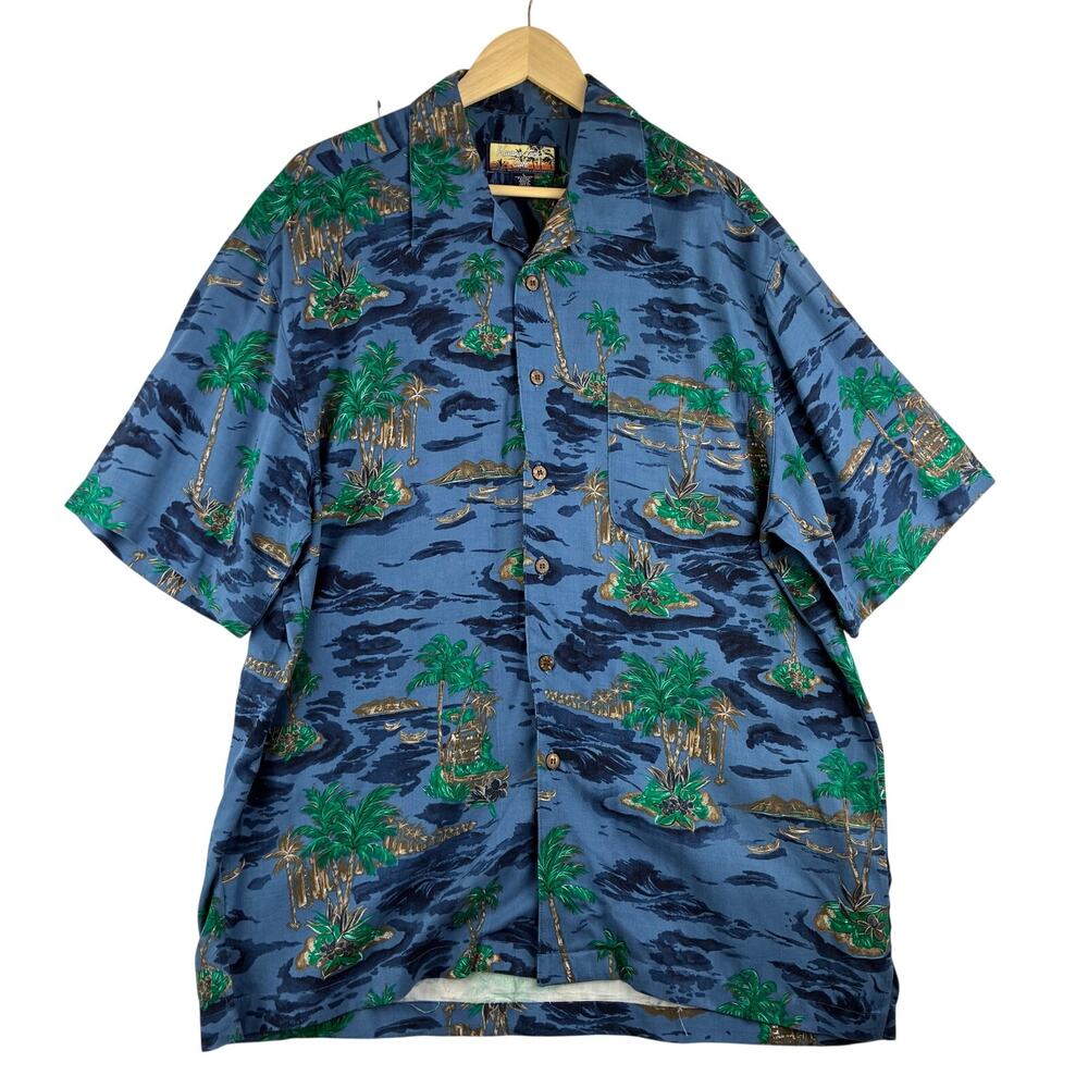 Havana Jacks Cafe Button Up Camp Shirt Mens Large Resort Blue Island Loop Button